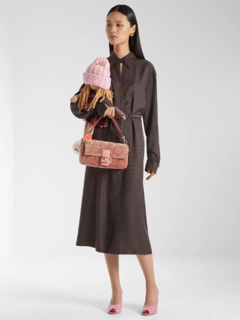 Brown FF Jacquard Silk Midi Shirt Dress sold by Fashion Clinic product image thumbnail 2