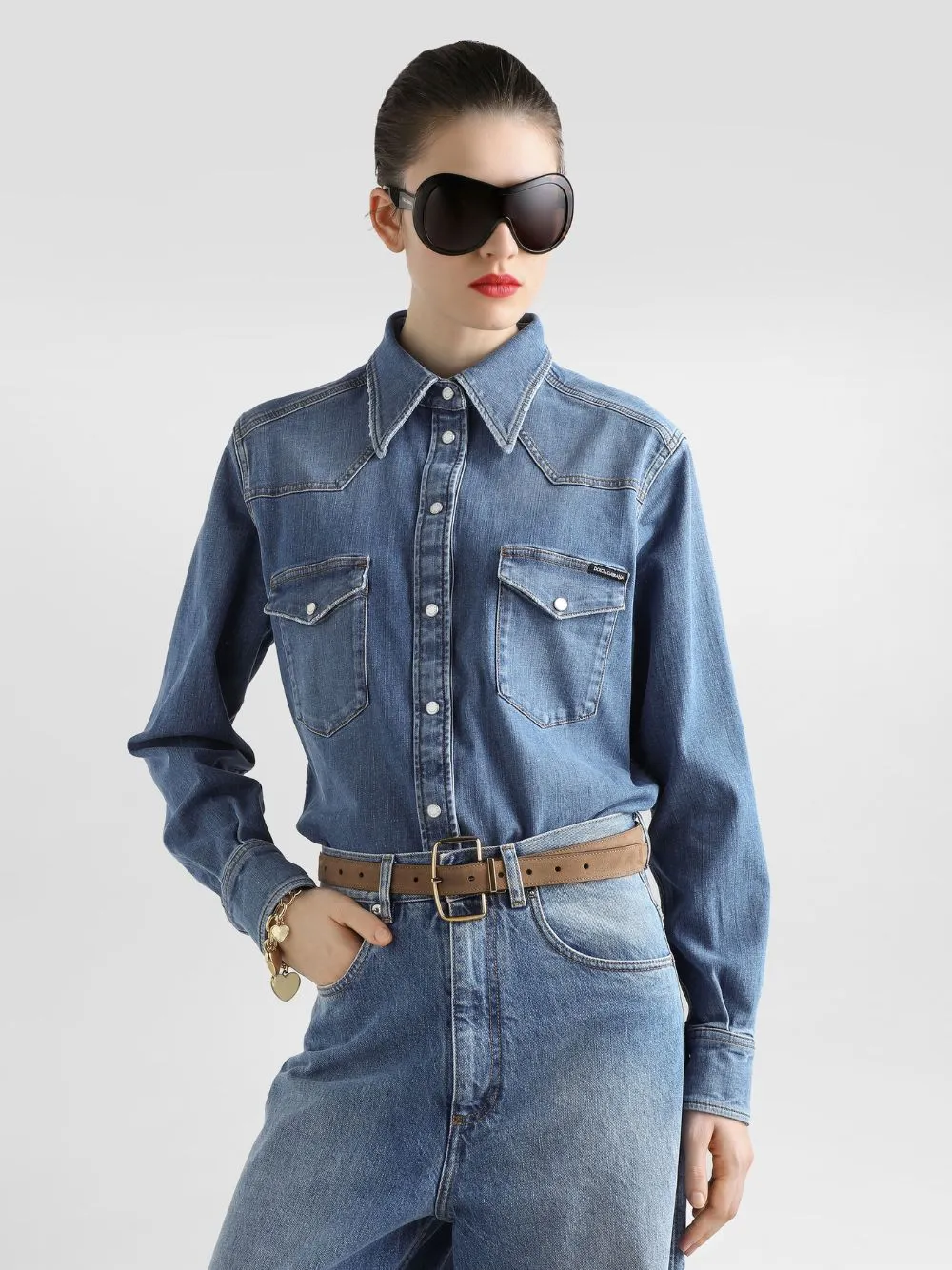 Blue Fitted Denim Shirt with Western Stitching sold by Fashion Clinic product image thumbnail 2