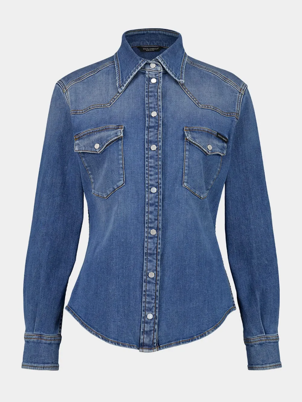 Blue Fitted Denim Shirt with Western Stitching sold by Fashion Clinic