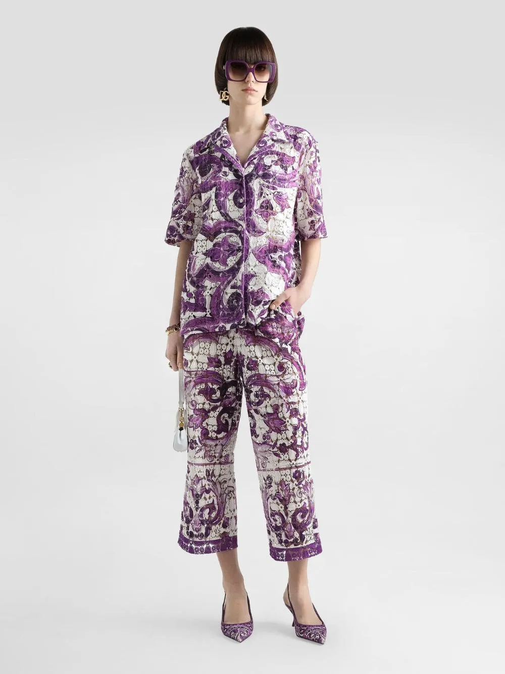 Majolica-Print Crochet Lace Shirt sold by Fashion Clinic