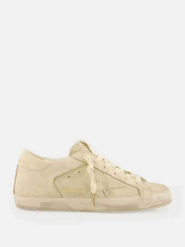 Eggnog Suede Superstar Sneakers with Glitter sold by Fashion Clinic