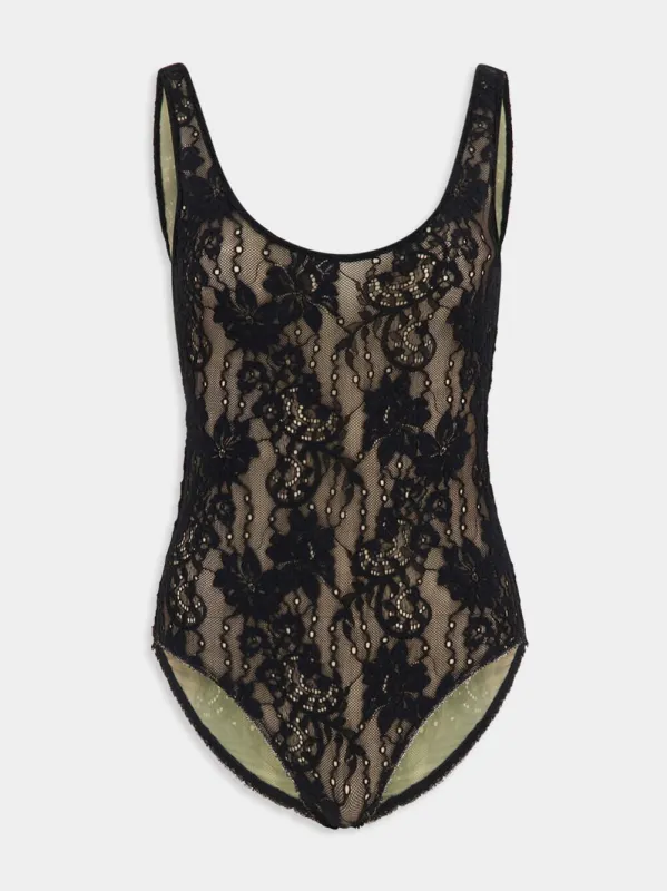 Black Lace Scoop Bodysuit sold by Fashion Clinic