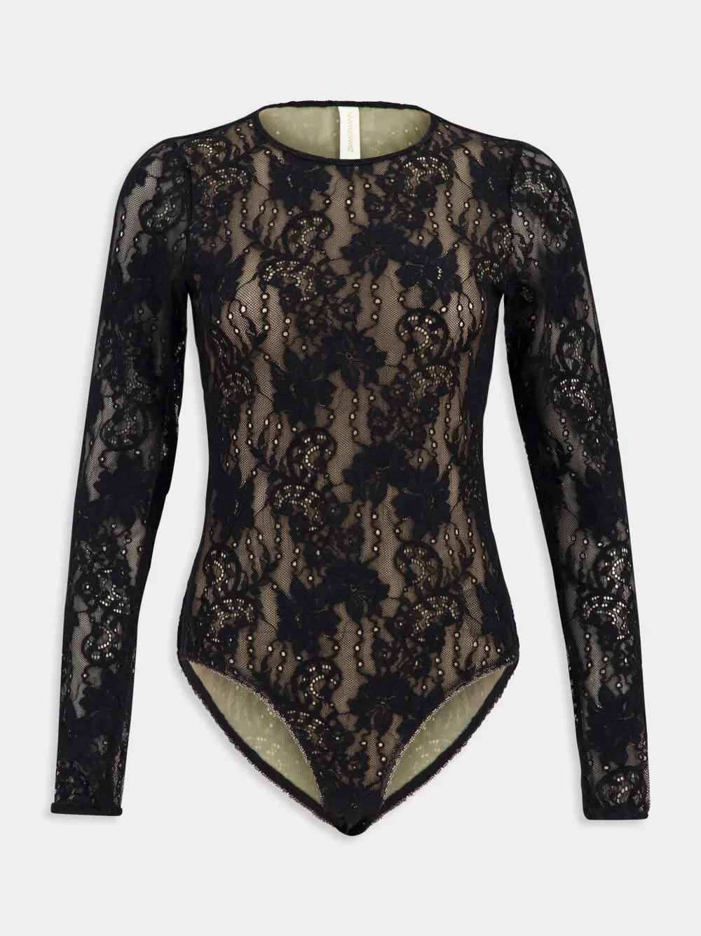 Black Lace Long-Sleeve Bodysuit sold by Fashion Clinic
