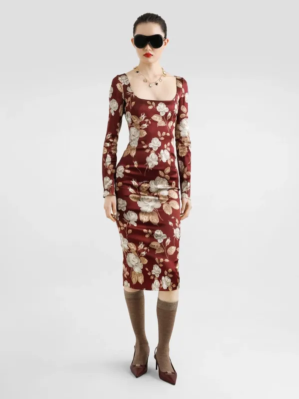 Vintage Rose-Print Satin Midi Dress sold by Fashion Clinic
