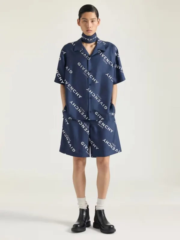 Navy Silk Shirt with Logo Shadow Print made by Givenchy