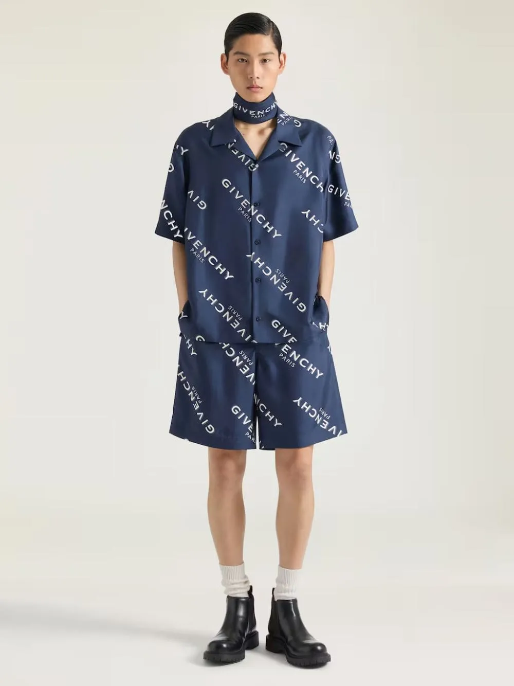 Navy Silk Shirt with Logo Shadow Print sold by Fashion Clinic
