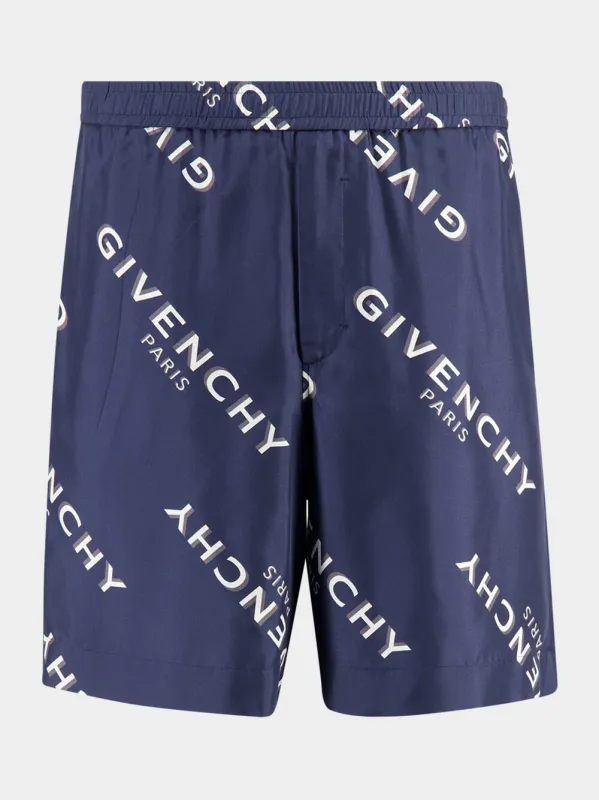 Navy Silk Bermuda Shorts with Logo Shadow Print sold by Fashion Clinic