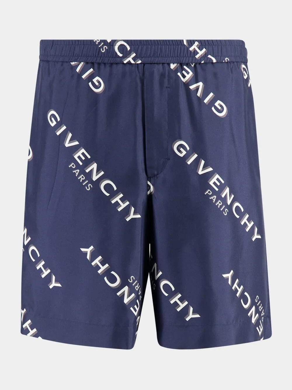 Navy Silk Bermuda Shorts with Logo Shadow Print sold by Fashion Clinic