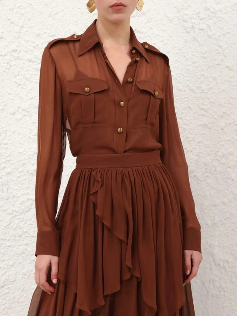 Tan Sheer Silk Memento Pocket Shirt sold by Fashion Clinic product image thumbnail 2