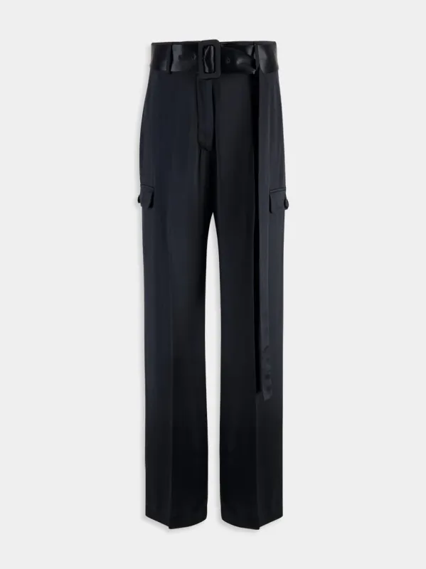 Black Satin Straight-Leg Trousers sold by Fashion Clinic