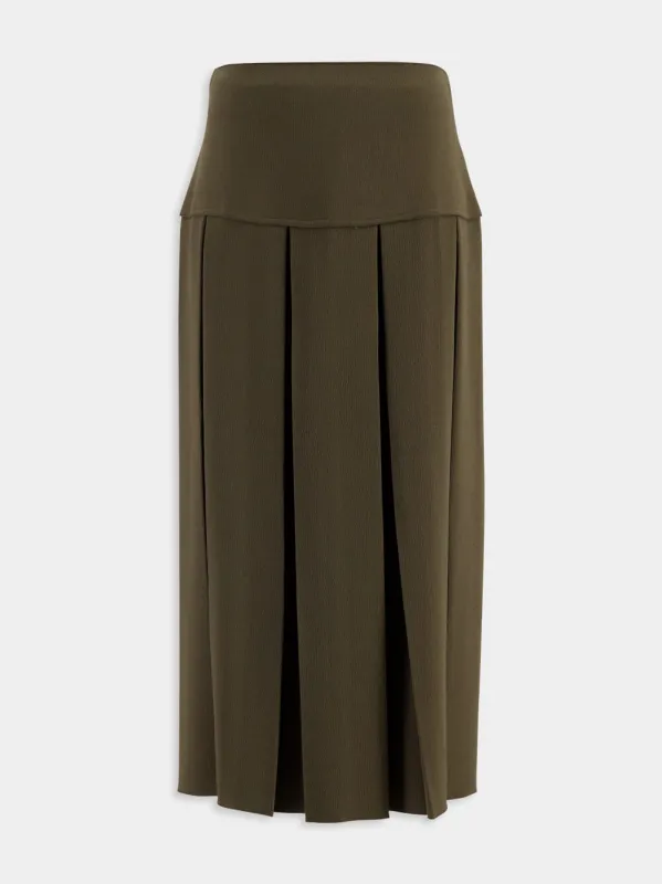 Khaki Green Pleated Midi Skirt sold by Fashion Clinic