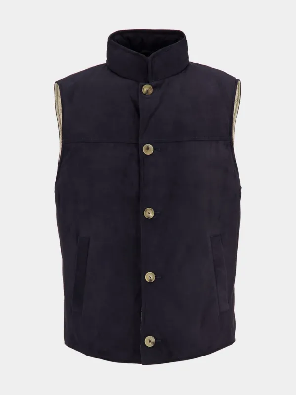 Navy Blue Suede Down Vest sold by Fashion Clinic