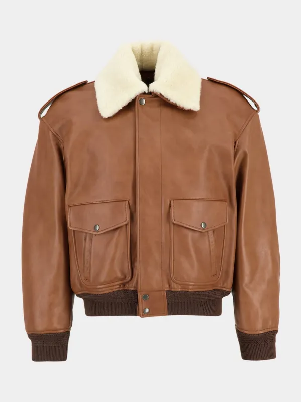 Terracotta Leather and Shearling Bomber Jacket sold by Fashion Clinic