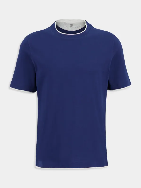 Deep Blue Faux-Layered Cotton T-Shirt made by Fashion Clinic