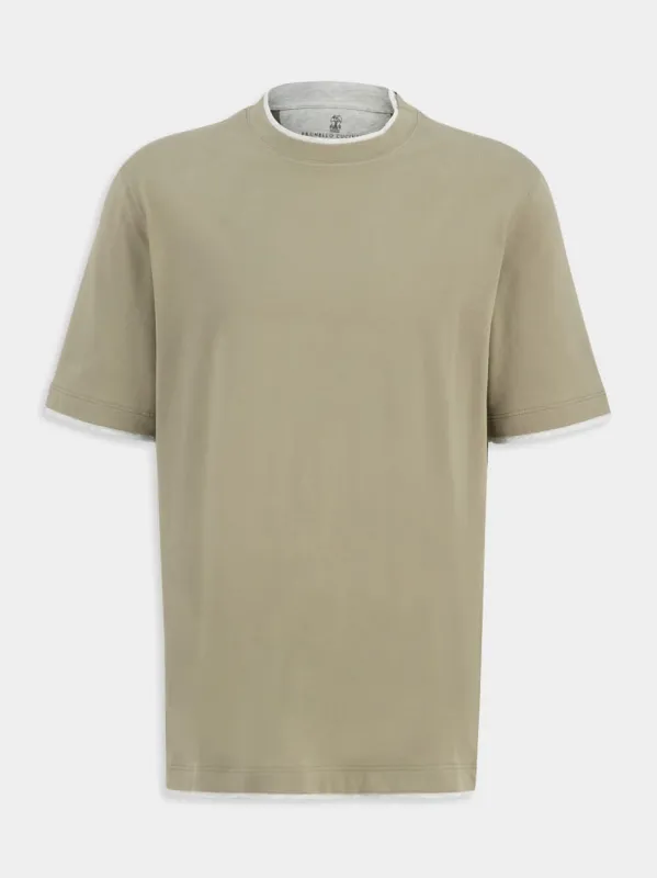 Khaki Green Faux-Layered Cotton T-Shirt sold by Fashion Clinic