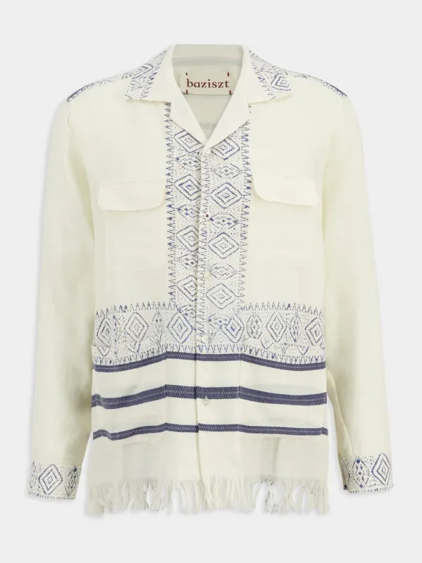 Off-White and Blue Talilo Embroidered Shirt made by Fashion Clinic