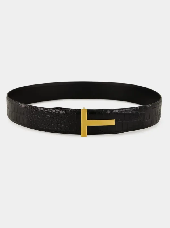 Black Crocodile-Embossed Leather Belt sold by Fashion Clinic