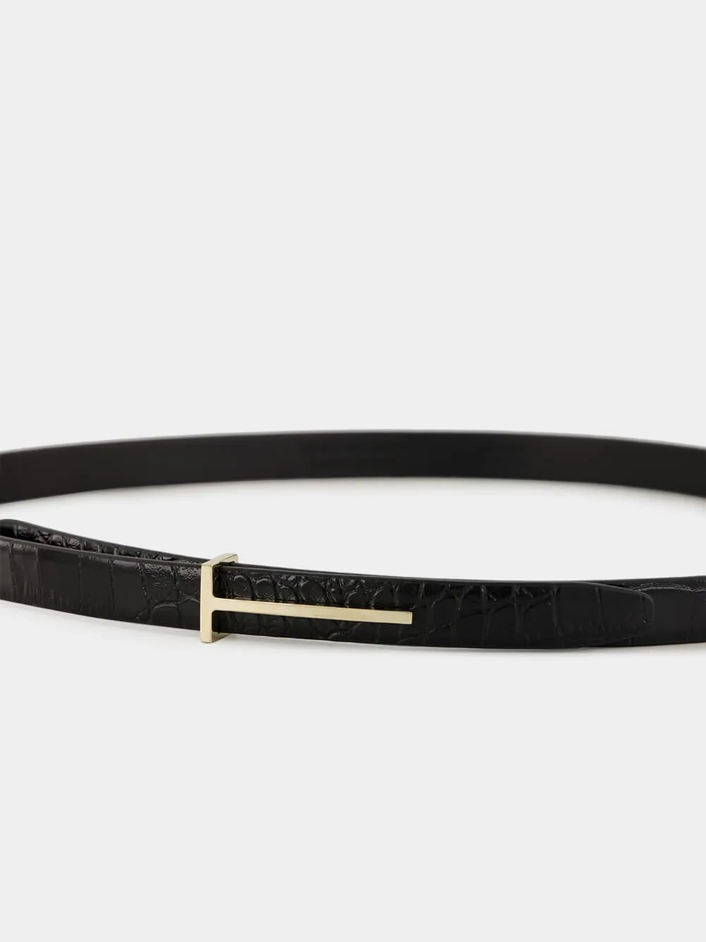 Black Shiny Stamped Crocodile Leather Slim T Belt sold by Fashion Clinic product image thumbnail 4