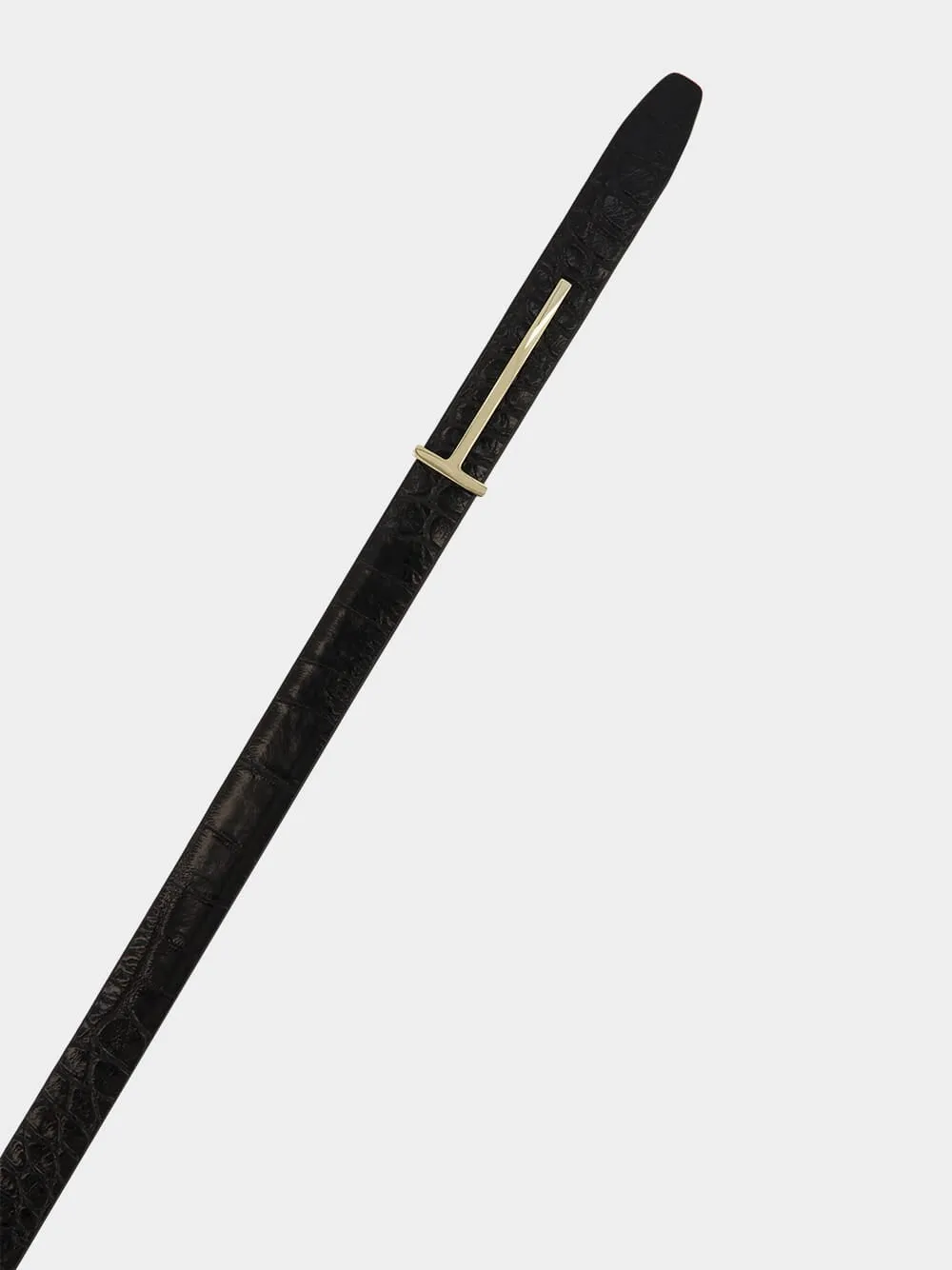 Black Shiny Stamped Crocodile Leather Slim T Belt sold by Fashion Clinic product image thumbnail 3