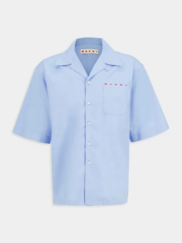 Iris Blue Organic Cotton Bowling Shirt sold by Fashion Clinic