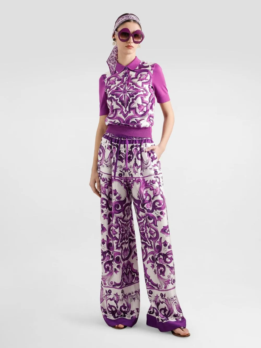 Majolica-Print Silk Twill Wide-Leg Trousers sold by Fashion Clinic