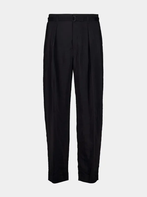 Black Dry Silk Belted Relaxed Trousers made by Lemaire