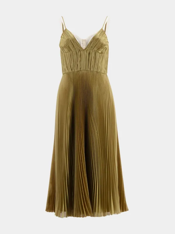 Gold Pleated Midi Dress sold by Fashion Clinic