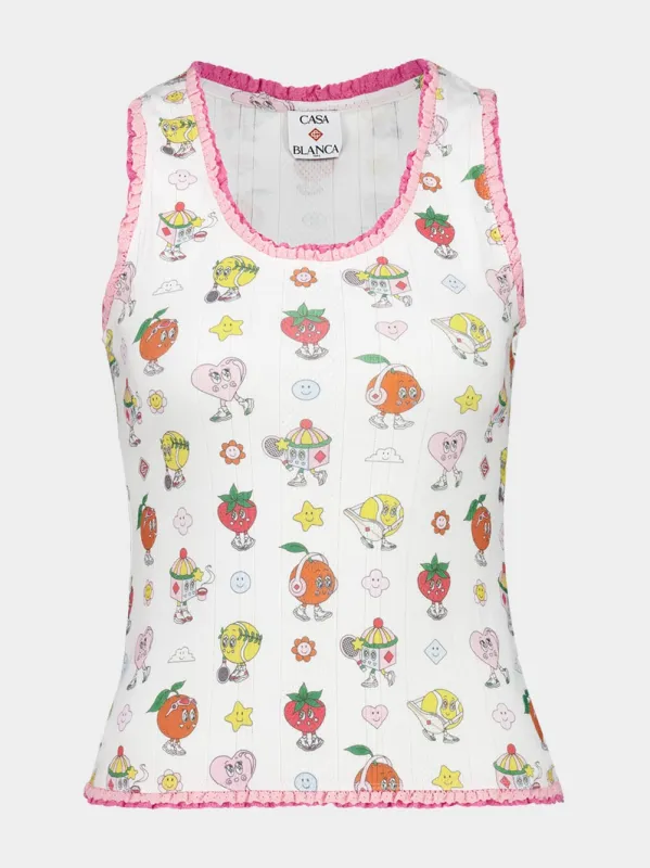 White Frill Tank Top with Cartoon Print sold by Fashion Clinic