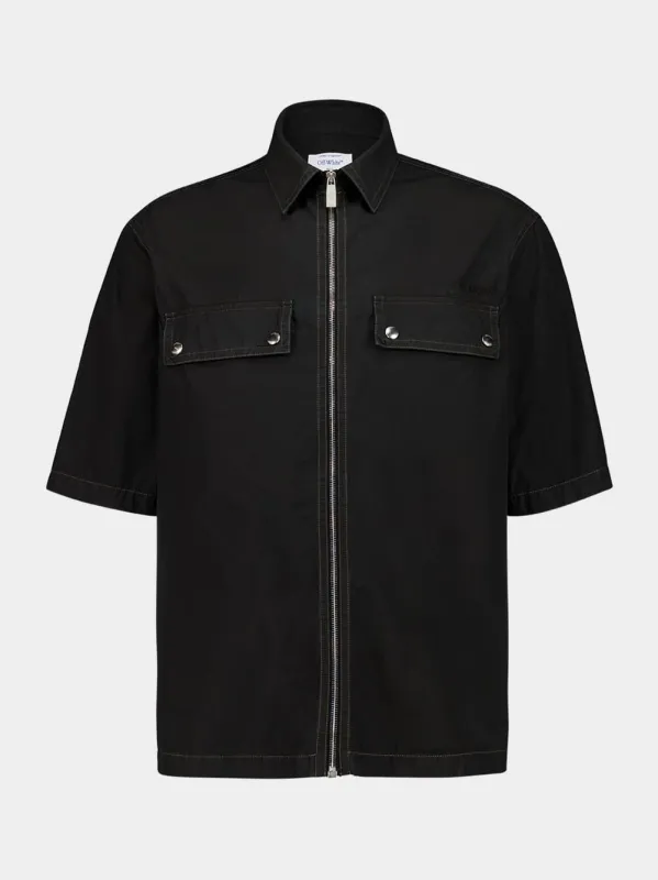 Black Short-Sleeve Arrow Zip Cotton Shirt sold by Fashion Clinic