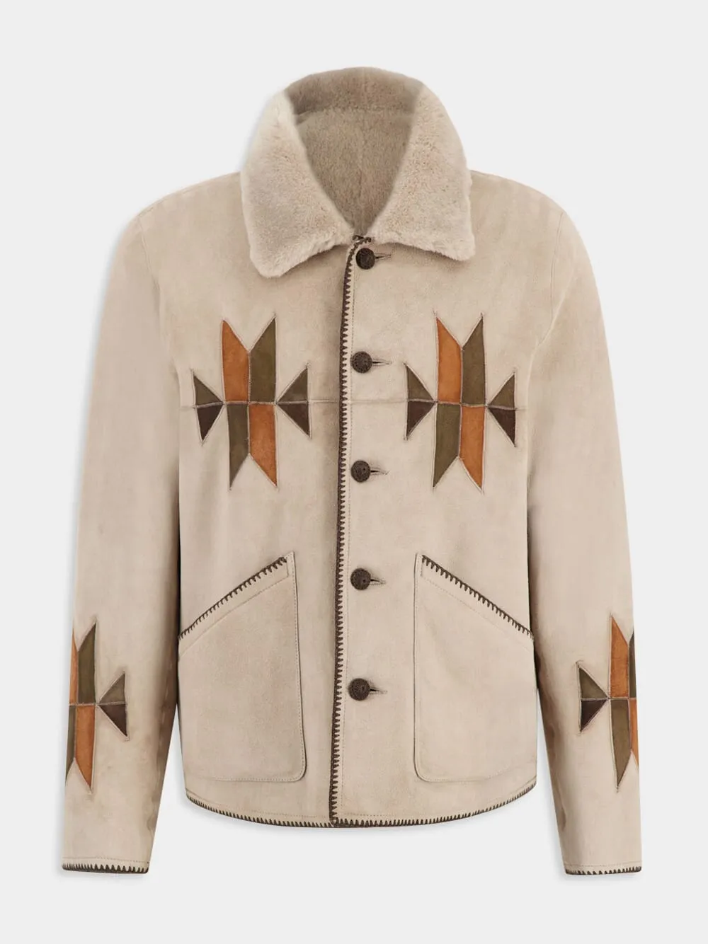 Beige Rigel Suede Shearling Jacket sold by Fashion Clinic