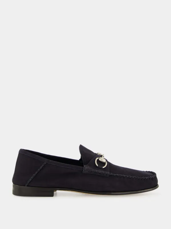 Blue Nabuk Leather Moccasins with Horsebit sold by Fashion Clinic