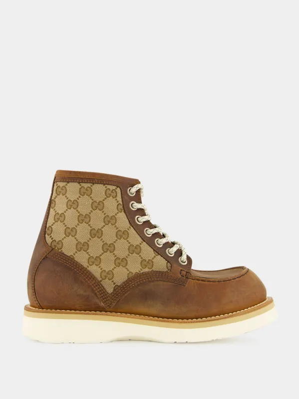 Brown Leather Ankle Boot with GG Canvas Insert sold by Fashion Clinic