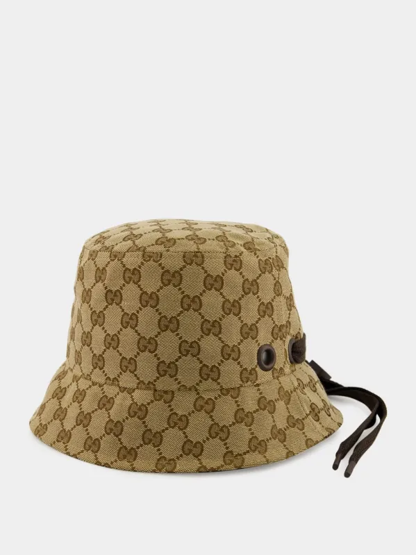 Beige and Dark Brown GG Canvas Bucket Hat with Tie sold by Fashion Clinic