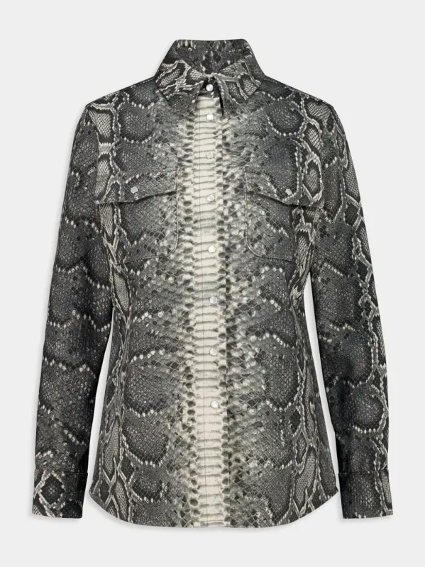 Greyscale Recycled Python-Print Denim Shirt sold by Fashion Clinic