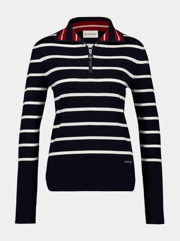 Dark Blue Striped Wool Polo Neck Jumper sold by Fashion Clinic