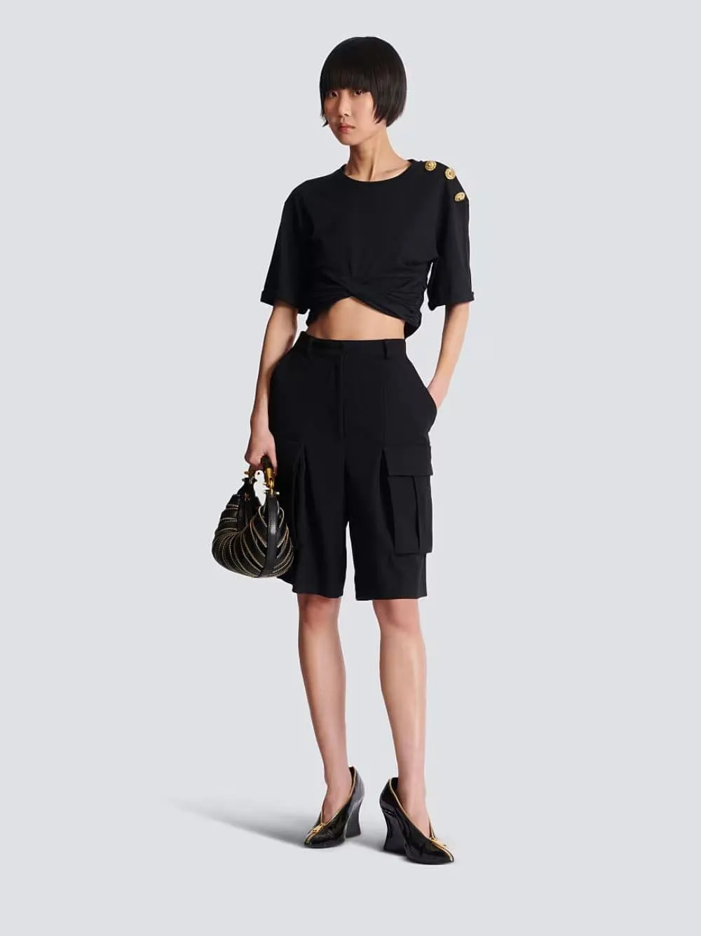 Black Wool Cargo Bermuda Shorts sold by Fashion Clinic product image thumbnail 2