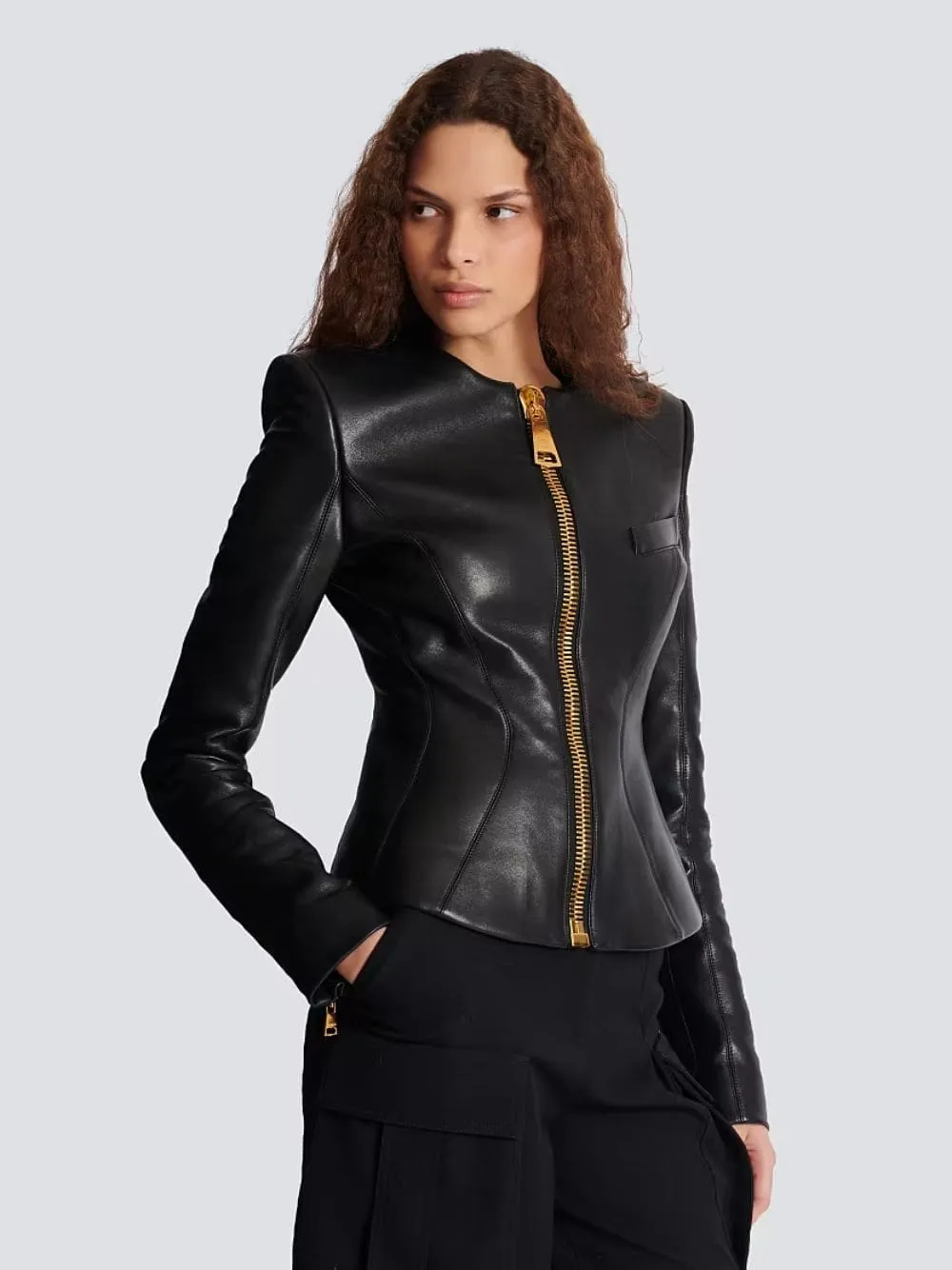 Black Cropped Peplum Lambskin Jacket sold by Fashion Clinic