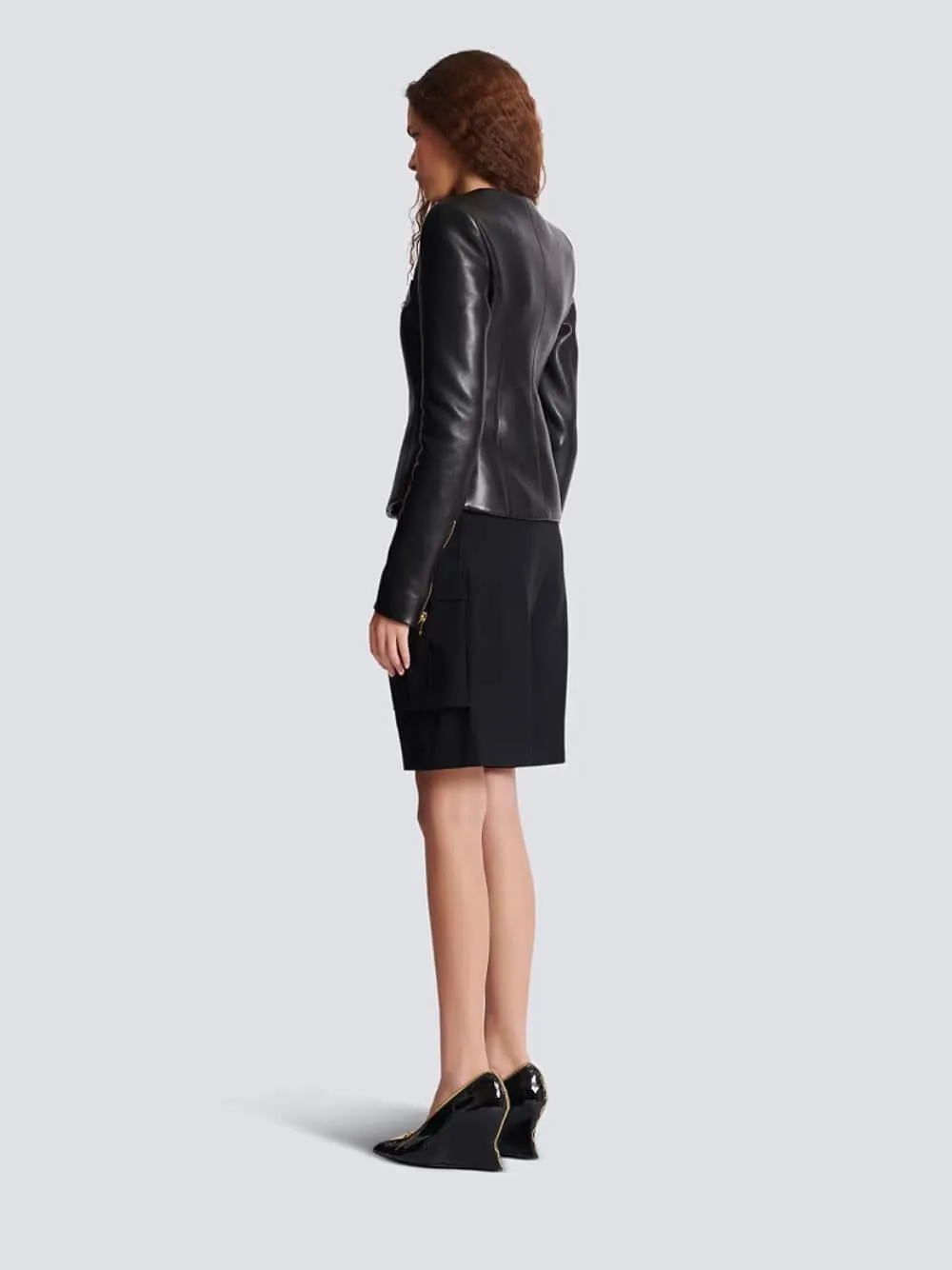 Black Cropped Peplum Lambskin Jacket sold by Fashion Clinic product image thumbnail 3