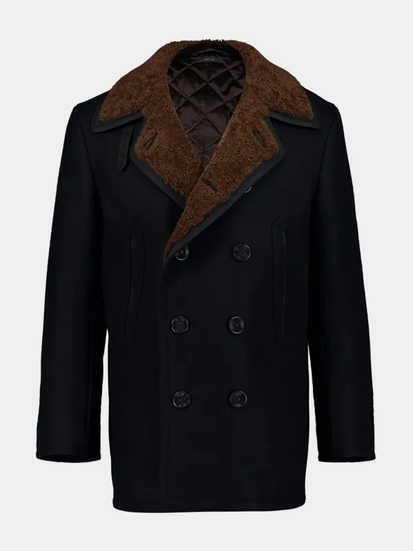 Combo Black and Brown Melton Wool Shearling Peacoat sold by Fashion Clinic