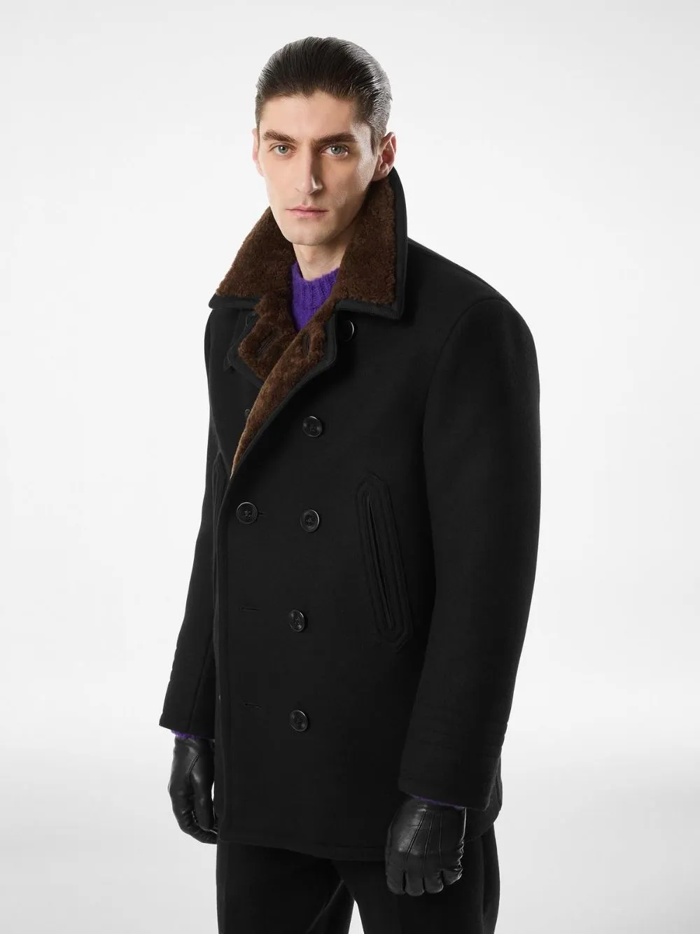 Combo Black and Brown Melton Wool Shearling Peacoat sold by Fashion Clinic product image thumbnail 2