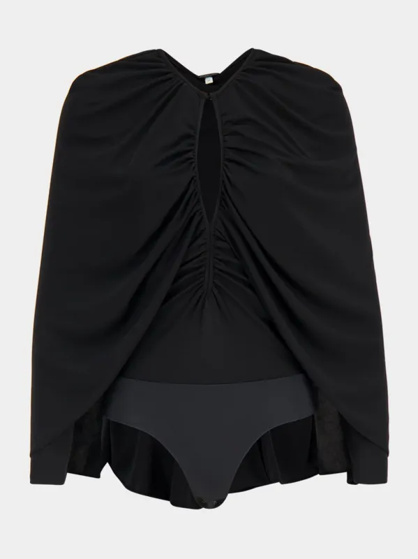 Black Starlight Draped Jersey Bodysuit sold by Fashion Clinic