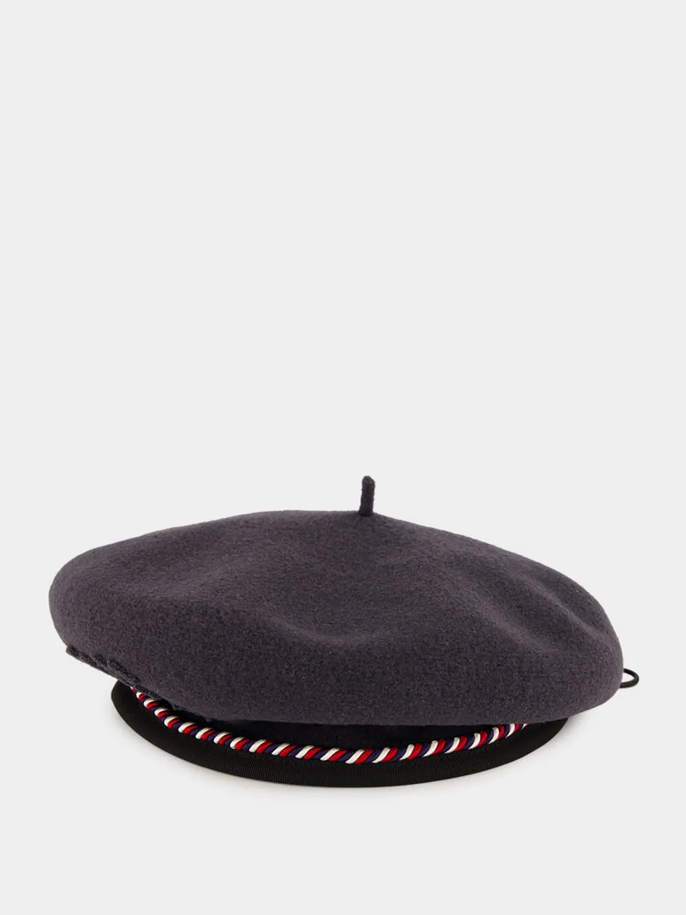 Charcoal Script Beret with Red and Blue Piping sold by Fashion Clinic