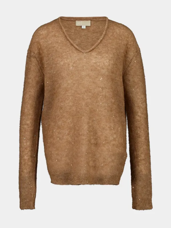 Brown Wool-Blend Maglia Donna Sheer V-Neck Top sold by Fashion Clinic