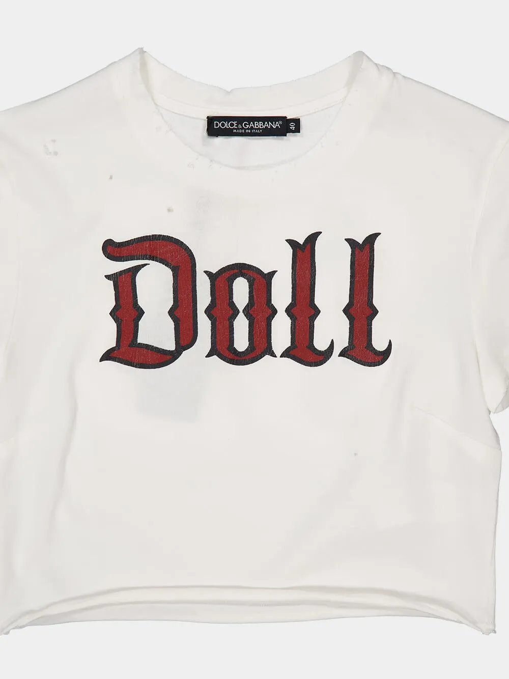 White Cropped Jersey T-Shirt with "Doll" Print sold by Fashion Clinic product image thumbnail 3
