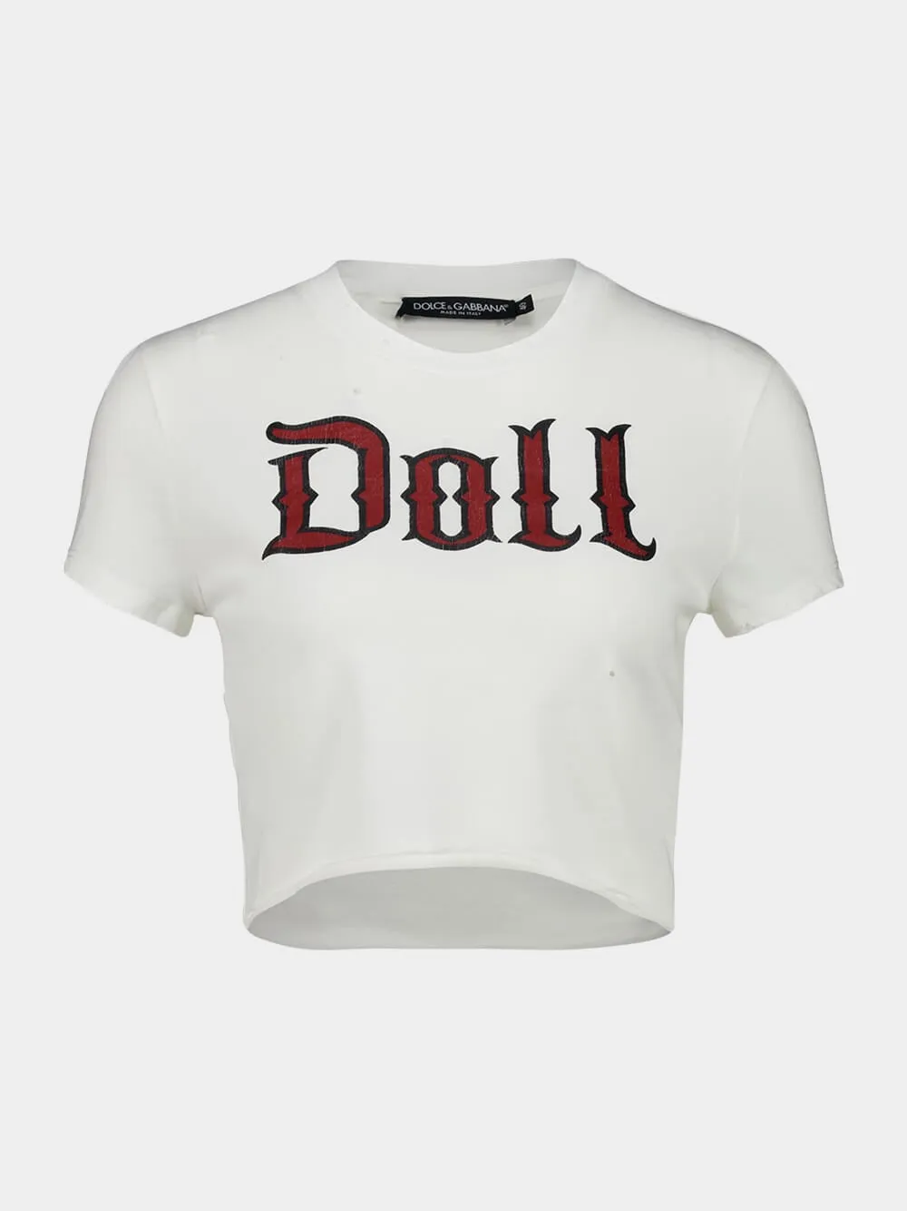 White Cropped Jersey T-Shirt with "Doll" Print sold by Fashion Clinic