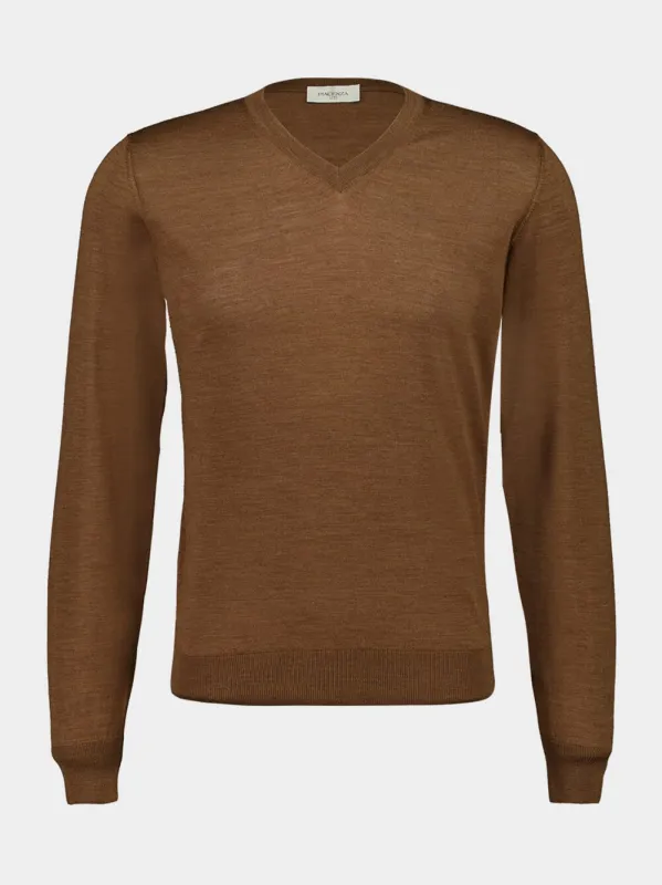 Light Brown Virgin Wool V-Neck Jumper sold by Fashion Clinic