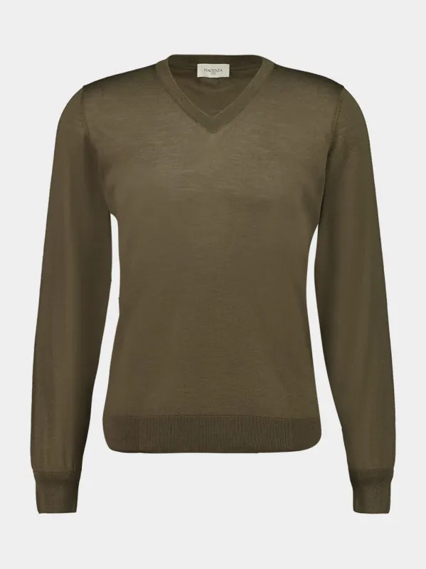 Army Green Virgin Wool V-Neck Jumper sold by Fashion Clinic