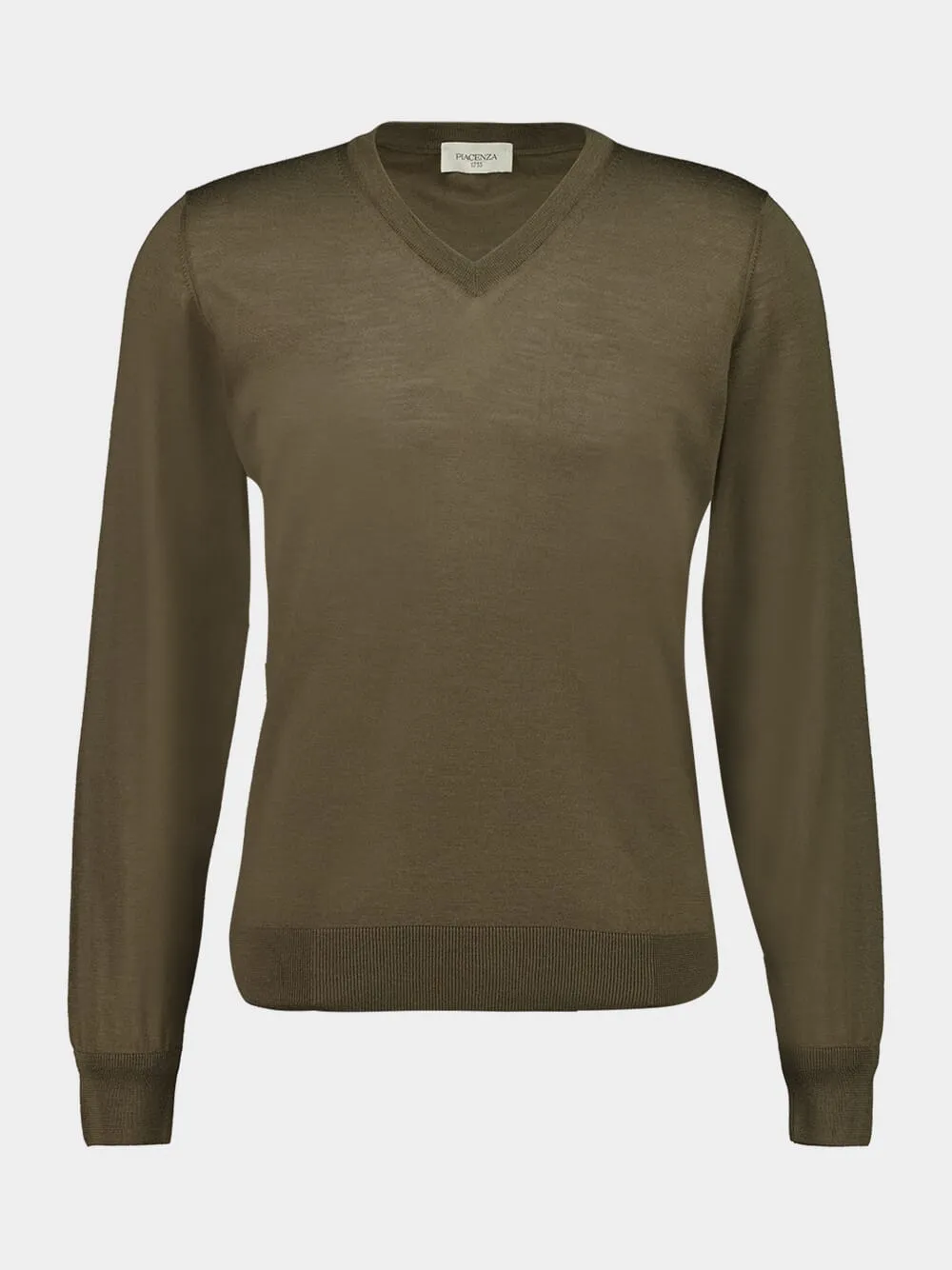 Army Green Virgin Wool V-Neck Jumper sold by Fashion Clinic
