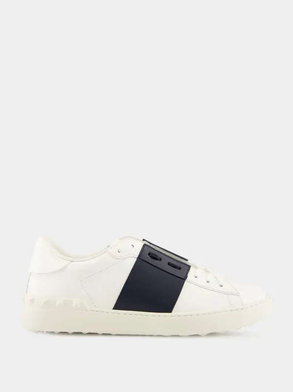 White and Blue Calfskin Open Sneaker sold by Fashion Clinic