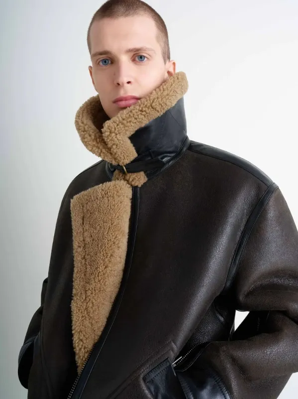 Espresso Shearling Coat with Contrasting Leather Trim sold by Fashion Clinic
